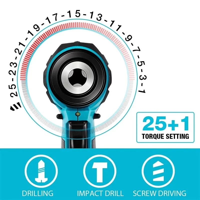 Perceuse électrique sans fil 18V, couple 20 + 3, tournevis électrique, outil sans fil portable, outils à main électriques, batterie au lithium