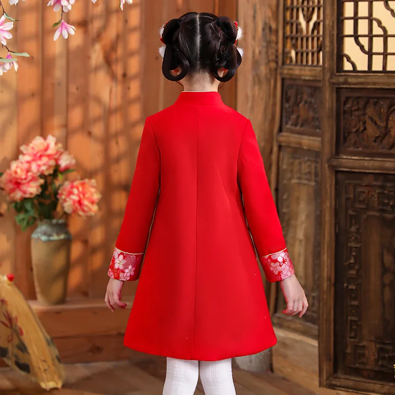 Girls\' Hanfu New Year\'s Clothing Children\'s Warm Cheongsam Chinese Tang Suit Kid Winter Plus Velvet Cute Embroidery Party Dress