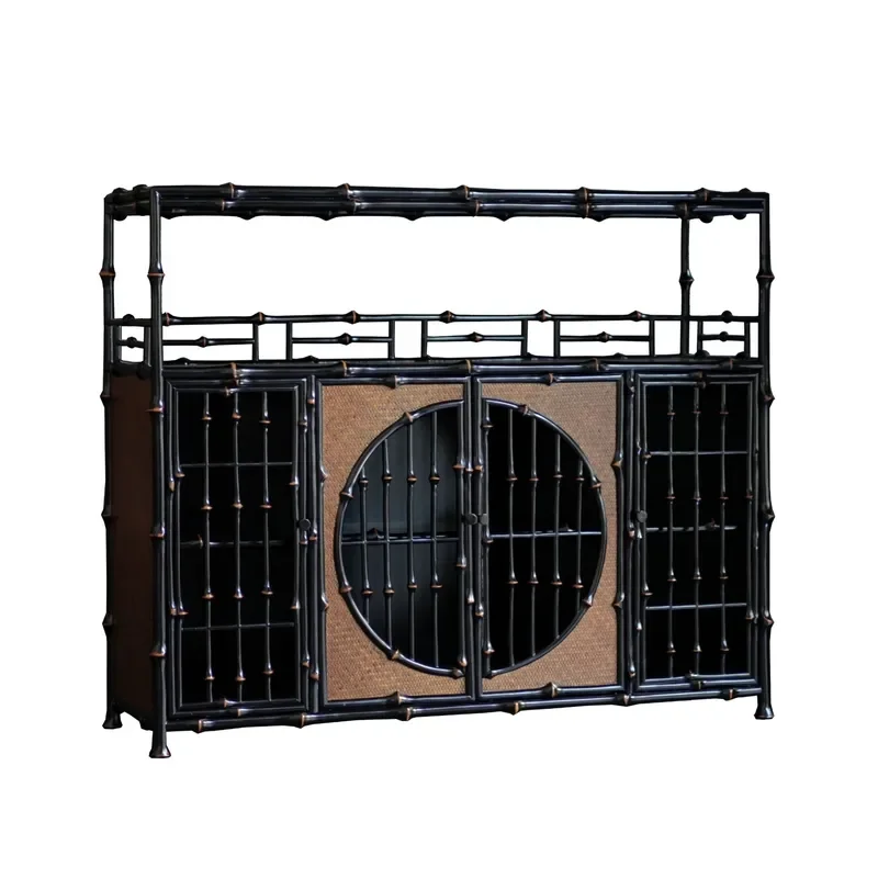 Black Bamboo Edge Cabinet Handmade Semi Round Double Door Sideboard Tea Set Storage Display Console for Dining Room Tea House