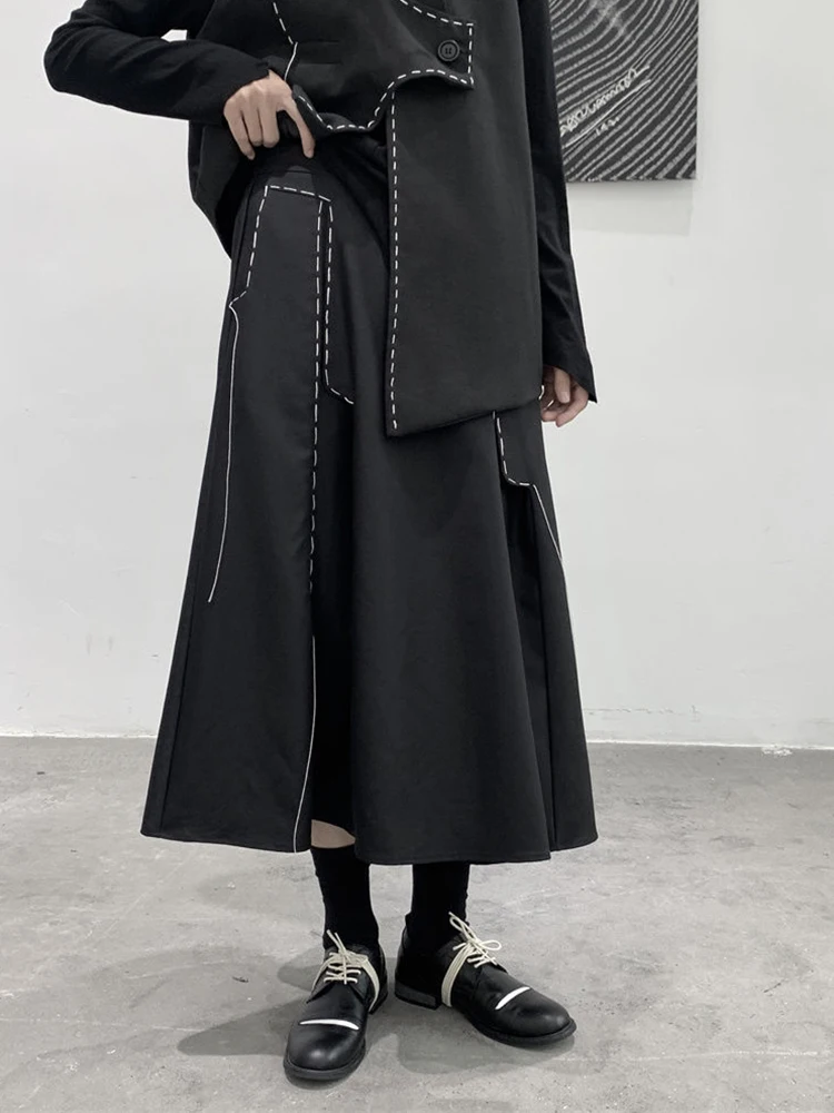 [EAM] High Elastic Waist Black Topstitched Irregular Ra-line Half-body Skirt Women Fashion Tide New Spring Autumn 2024 1DF1073