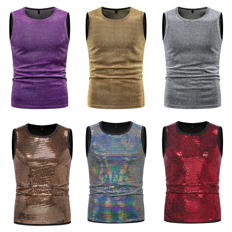 2026 Summer Fashion Simple Sequined Sleeveless Purple T-shirts for Men,Gold/Silver Shiny Round Neck Hot Stamping Men's Tank Top