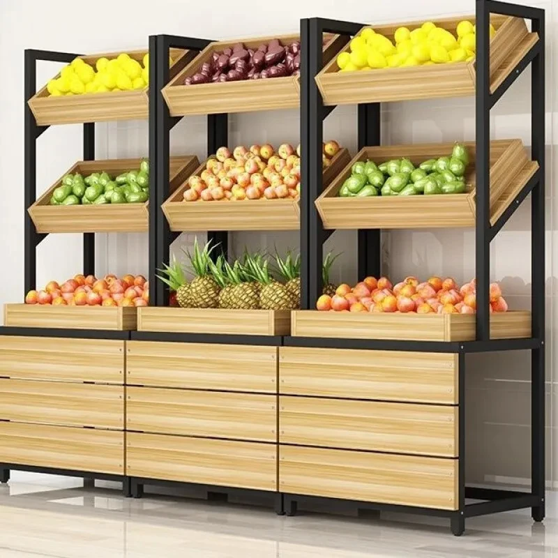 custom.Heavy Duty Supermarket Island Display Stand Wood and Metal Vegetable and Fruit Showcase Rack