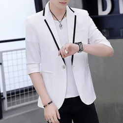 Blazers Men Summer Clothing Fashion Thin Three Quarter Sleeve Suit  Jacket Korean Casual Costume Homme Solid Color Slim Coat