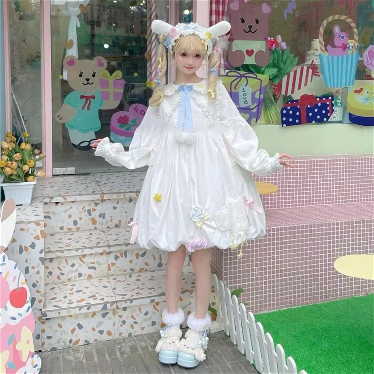 Japanse Leuke Lolita Cosplay Op Zoete Meisje Peter Pan Kraag Lint Strik Sterren Candy Pluizige Wolken Lantaarn Mouw Vrouwen Jurk