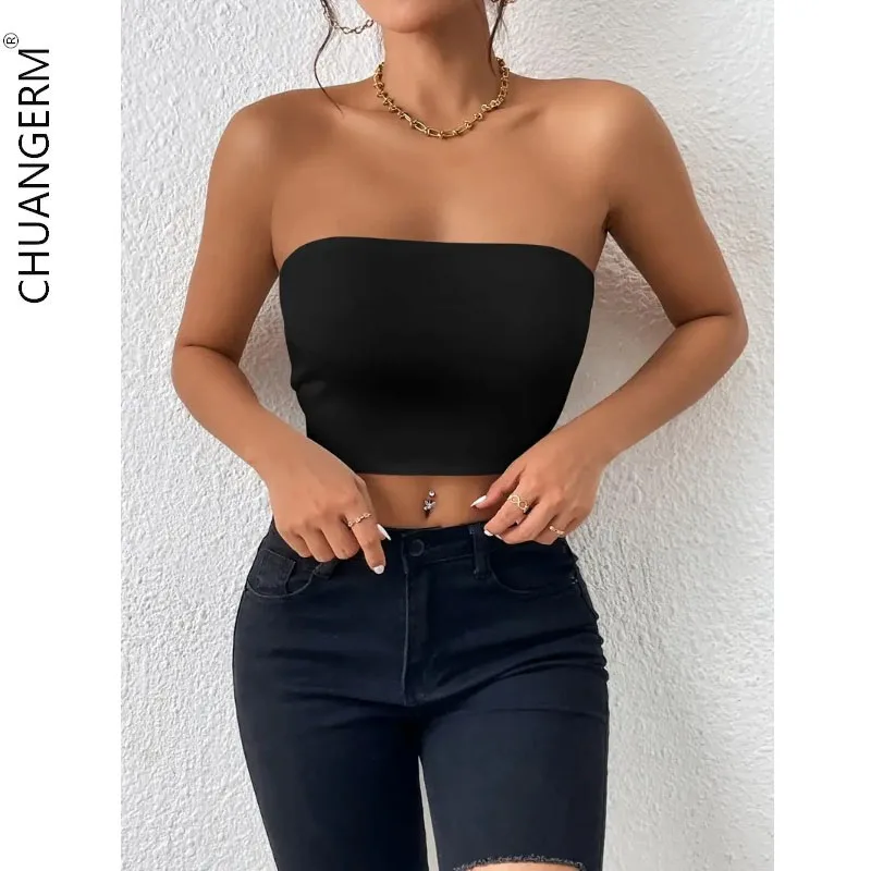 

CHUANGERM Sexy Corset Strapless Off-shoulder Crop Tops Women Y2K Clothes Summer Camis Solid Sleeveless Camisole Fashion Female