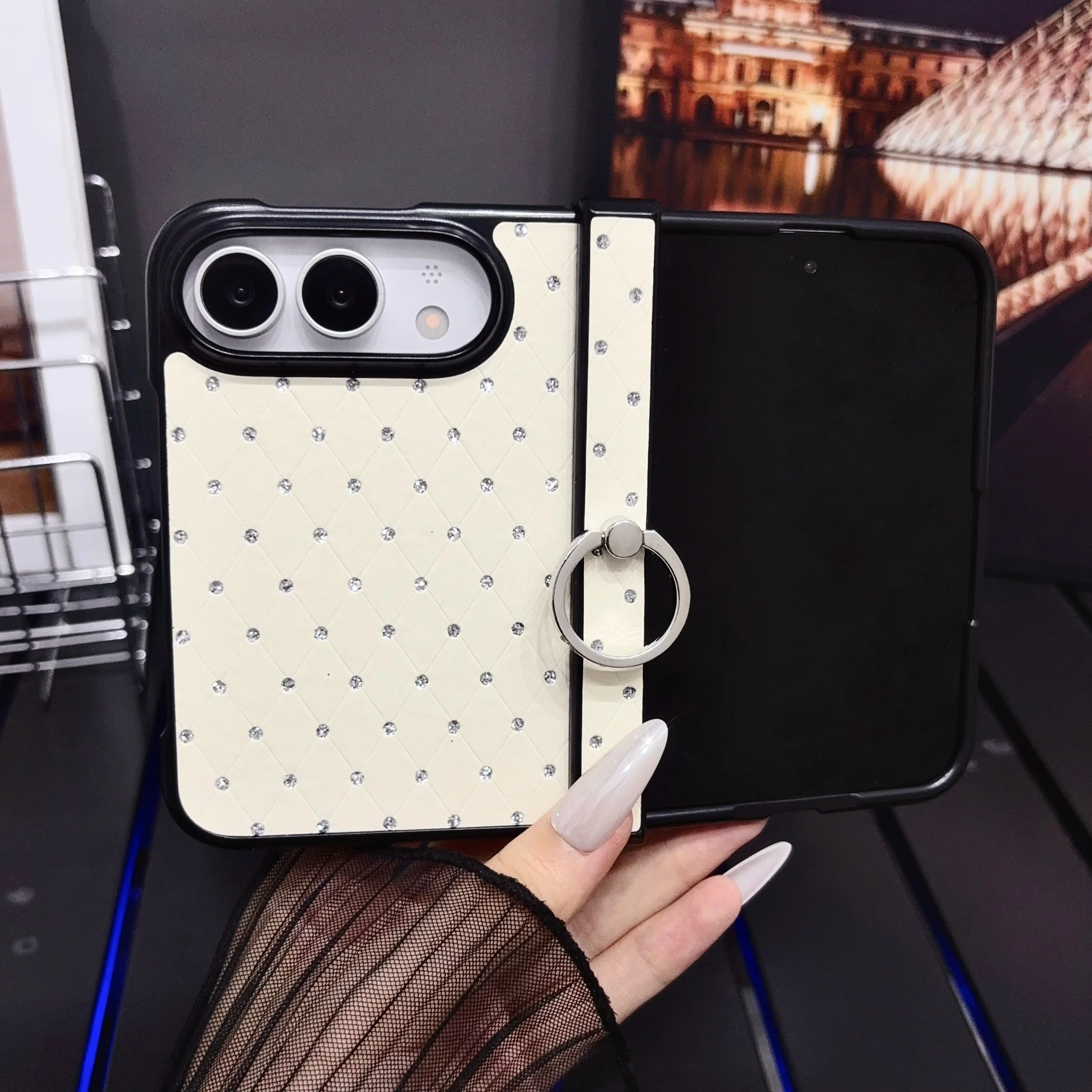Glitzernder Ringständer mit Diamantmuster und Strasssteinen, faltbare Handyhülle für iPhone, Duo-Halterung, stoßfeste Rückseite, Fundas