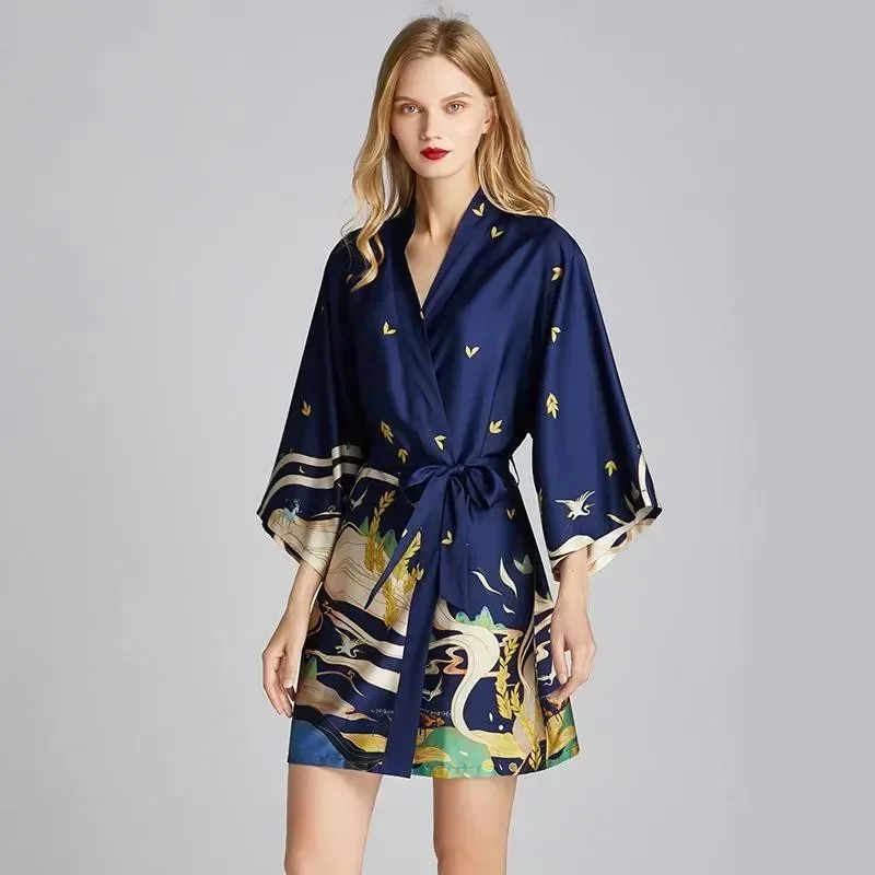 Women Robe Kimono Bathrobe Navy Blue Print Nightgown Sleepwear Silky Soft Satin Nightwear Sexy Short Nightdress Casual Homewear