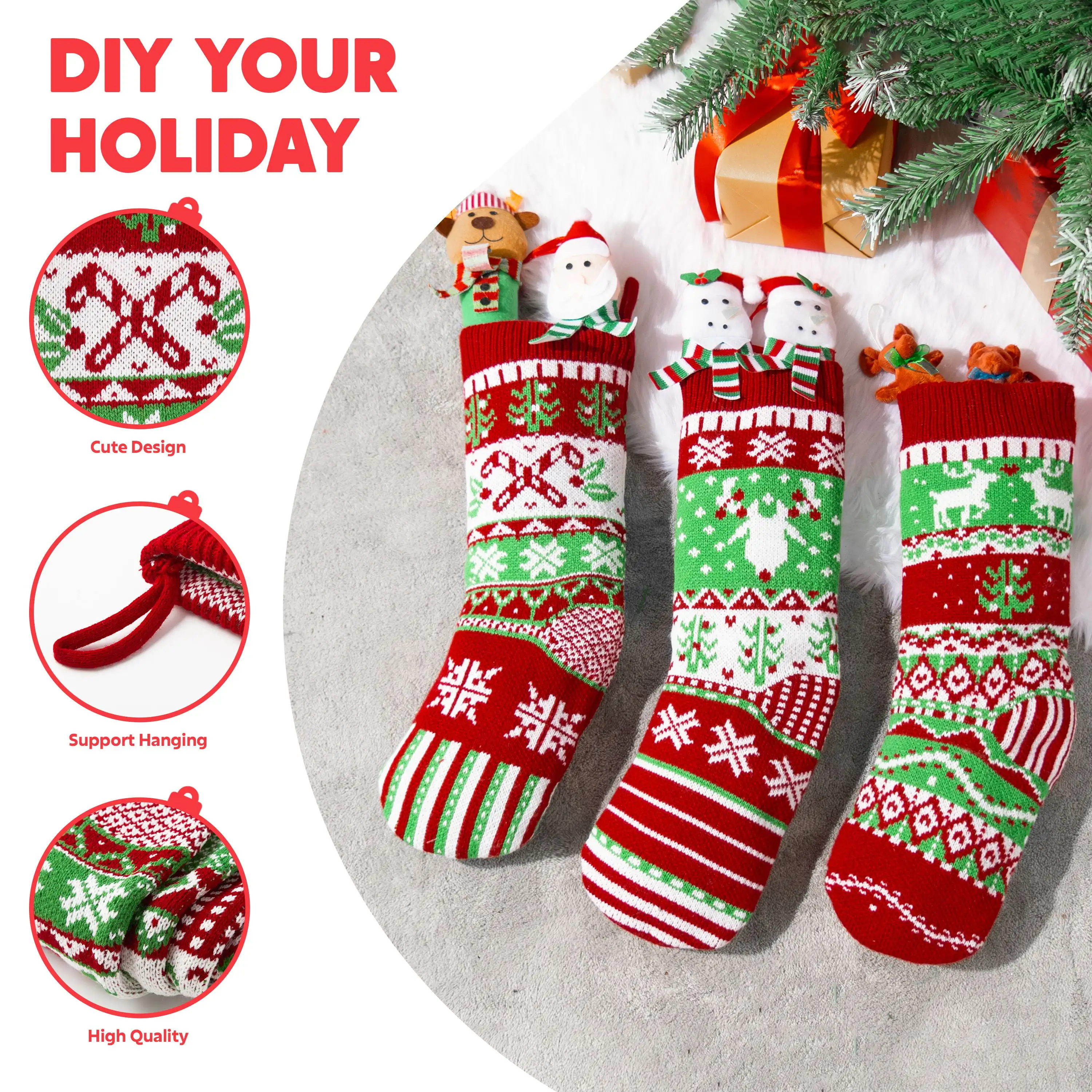Joyfy 3 Pcs 18" Knit Christmas Stockings Large Rustic Cable Knit Xmas Stocking in Red & Green for Christmas Holiday Decorations