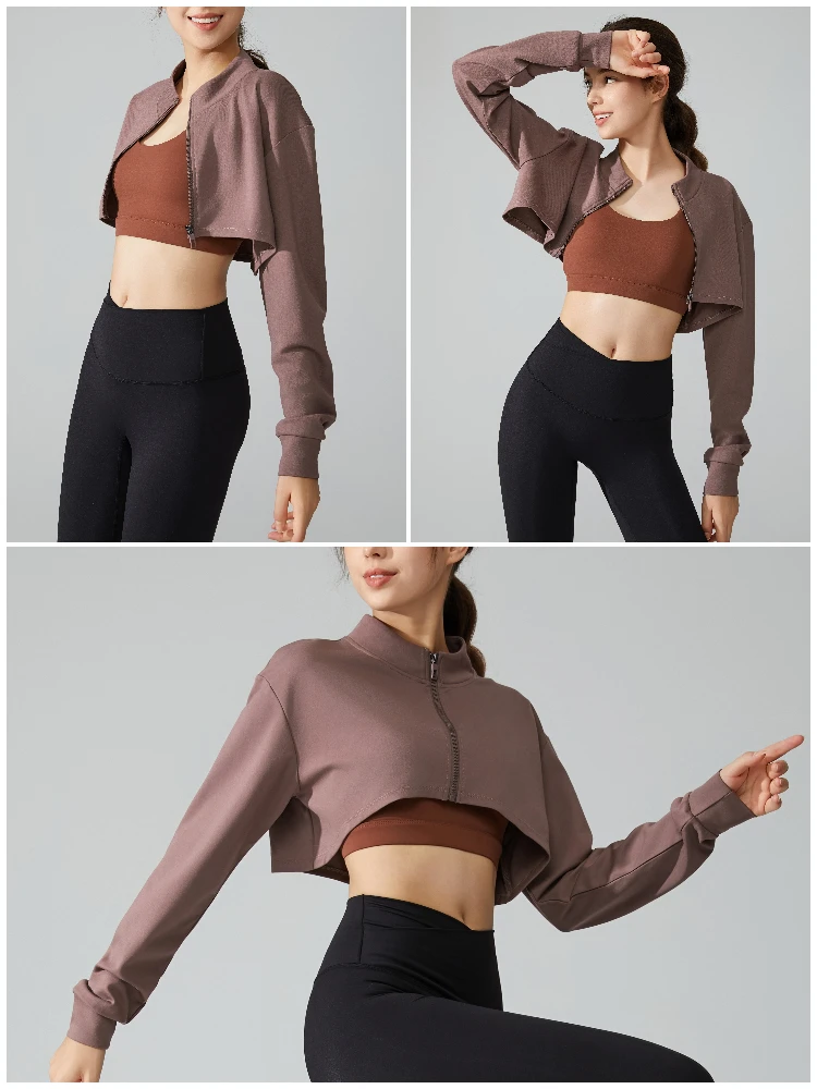 VITALINOVO Damen-Cardigan-Jacke mit Reißverschluss, langärmlig, kurzes Sweatshirt für Yoga, Workout, Laufen, Fitness, Cut-Out-Shirts, Oberteil – Detail 10