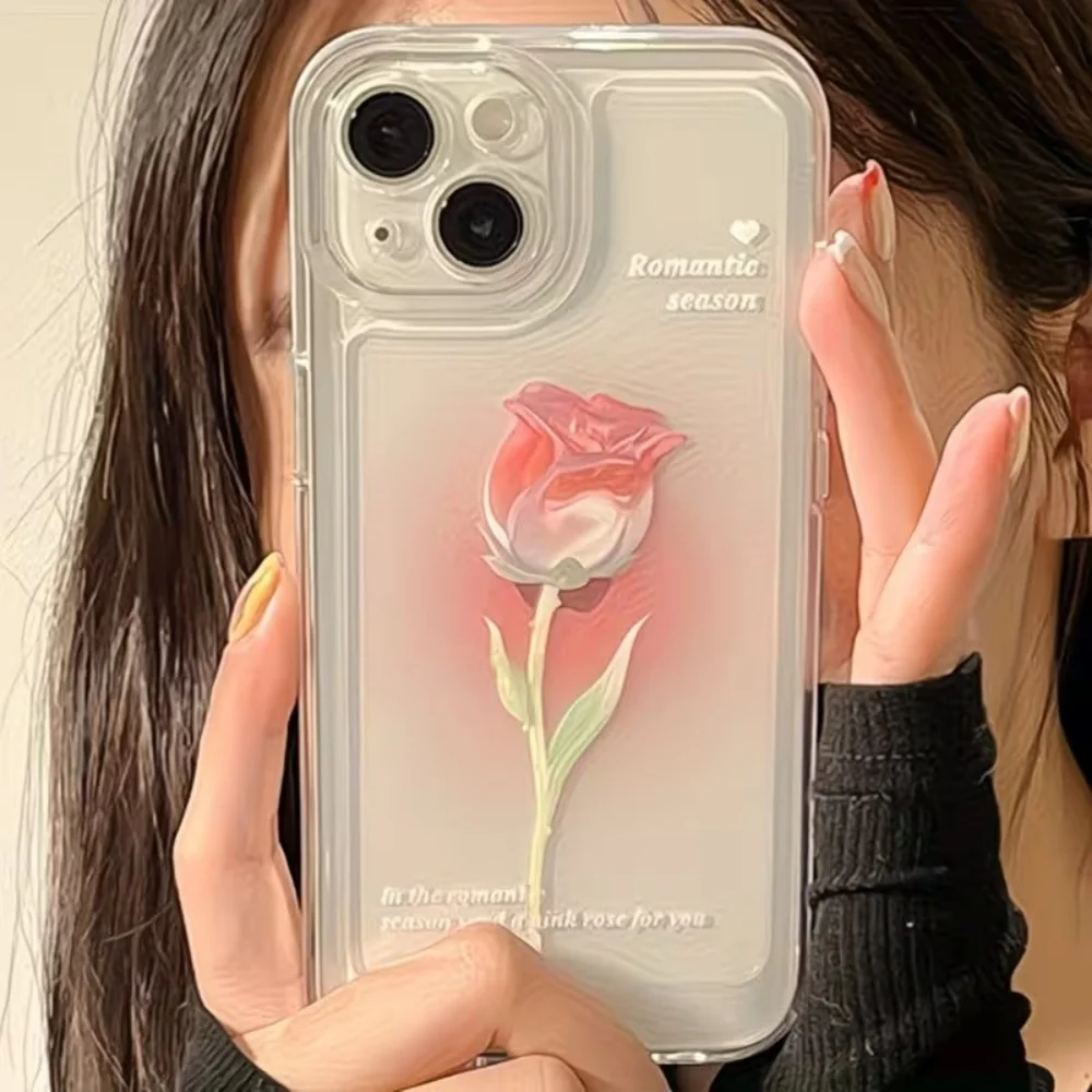 Aesthetic Watercolor Rose Transparent Phone Case For IPhone 18 17 Air 16 15 14 13 12 11 Pro Max Plus Mini Anti-Drop TPU Case view 2