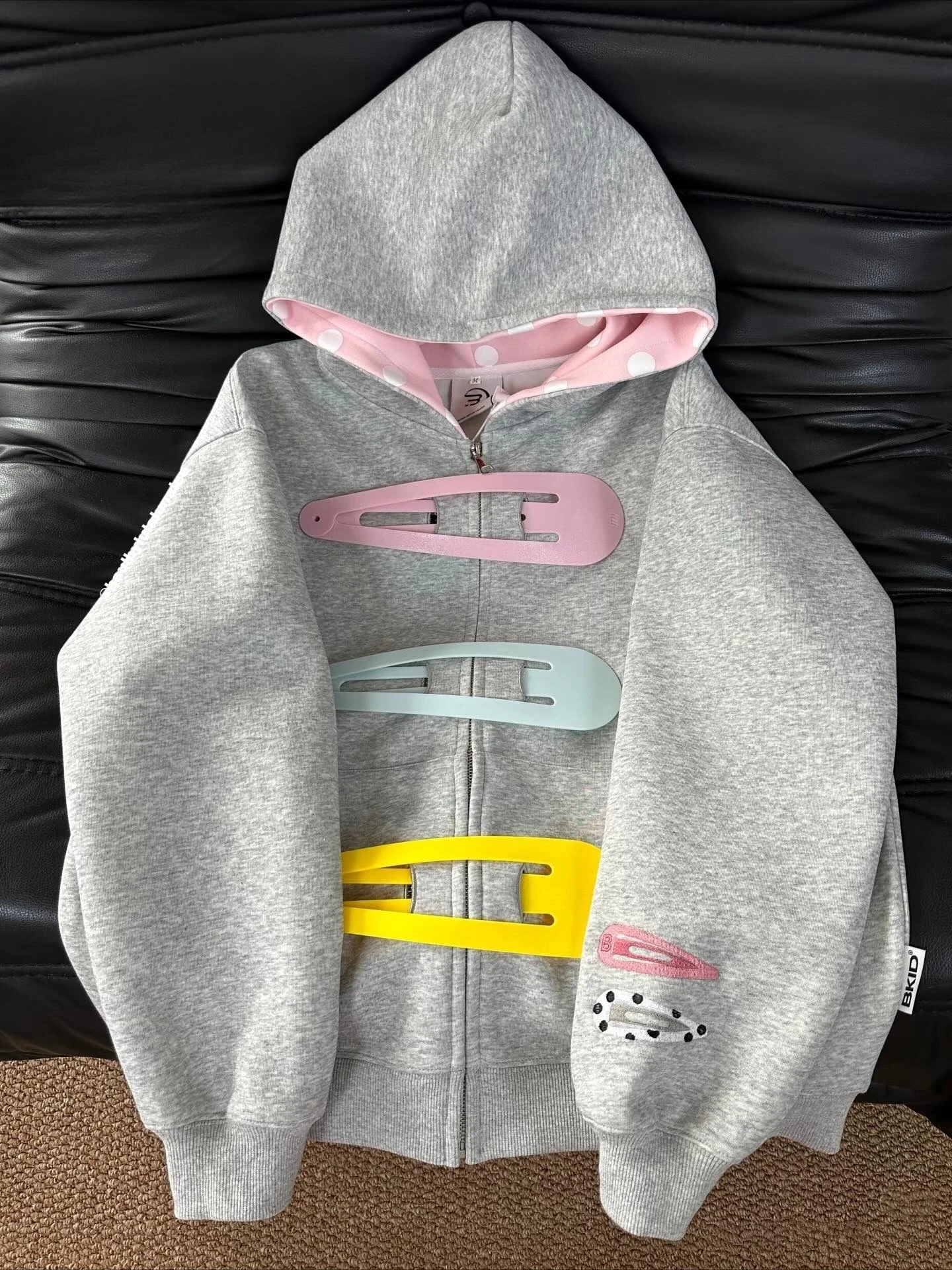 sweet and cute three-dimensional decoration large hair clip design cardigan zipper hooded sweatshirt jacket