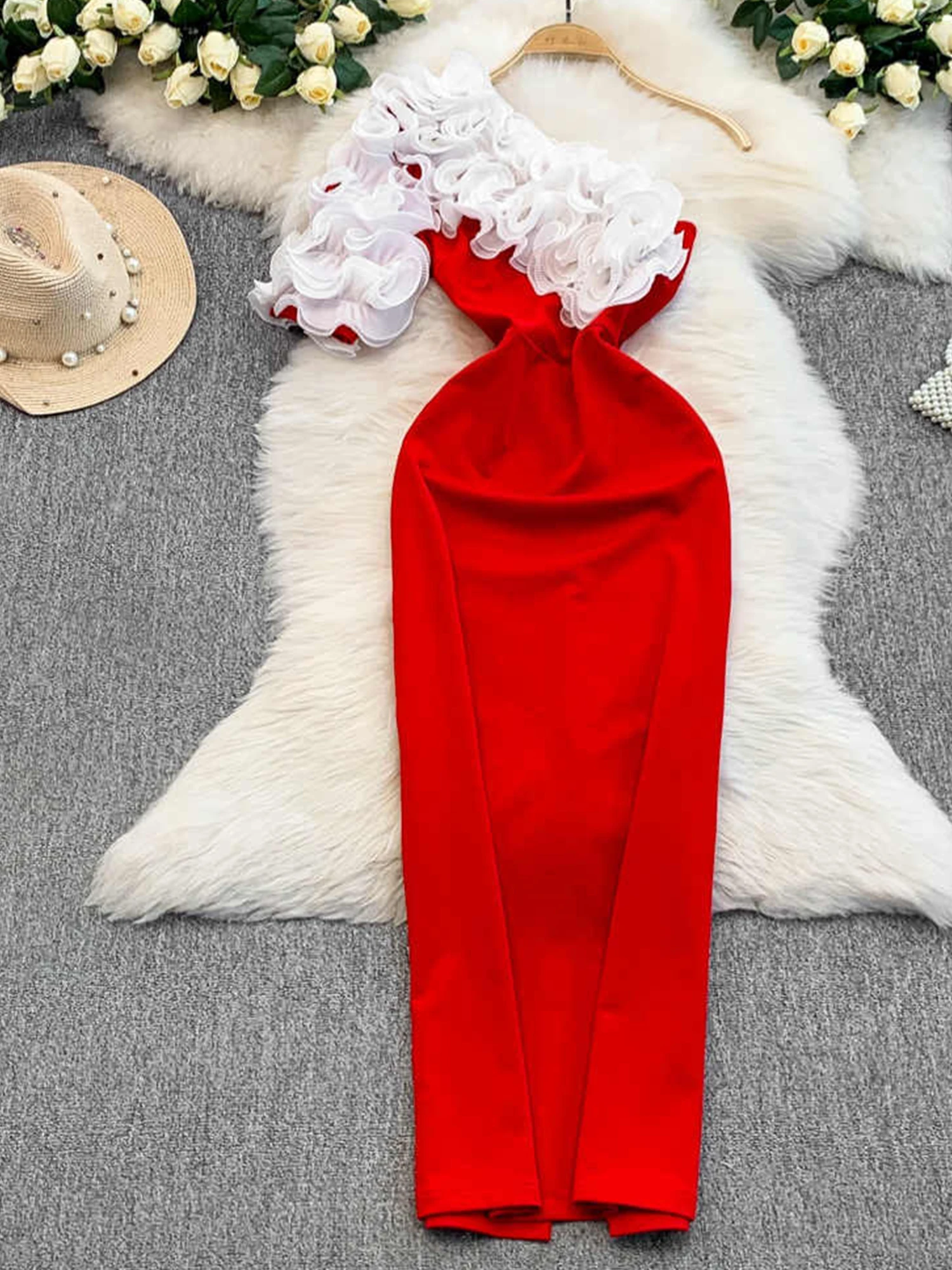 

Women's Red Long Evening Dress Vintage Elegant Off Shoulder 3D Floral Luxury Dresses Y2k One Piece Frocks 2000s Clothes Summer