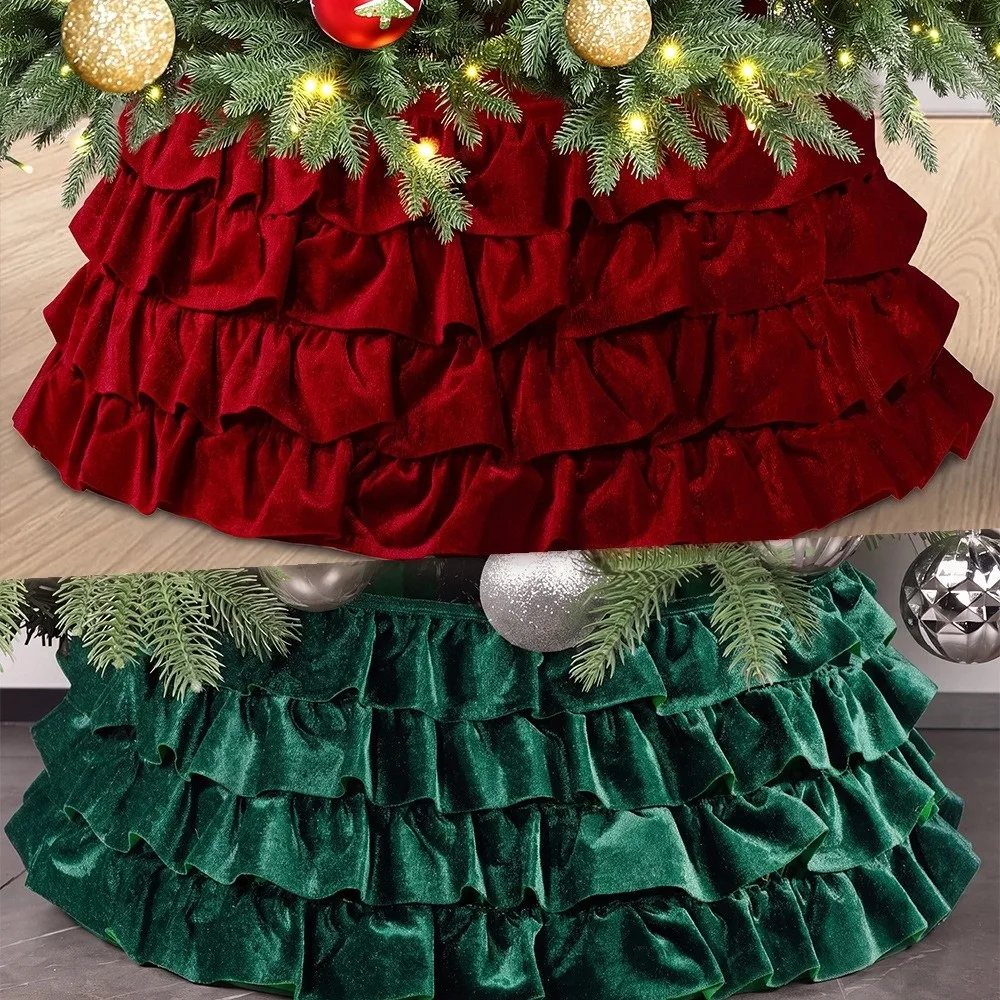 Round Christmas Tree Skirts Foldable Vintage Xmas Tree Pleated Skirts Soft Elegant Christmas Tree Collar Family Holiday