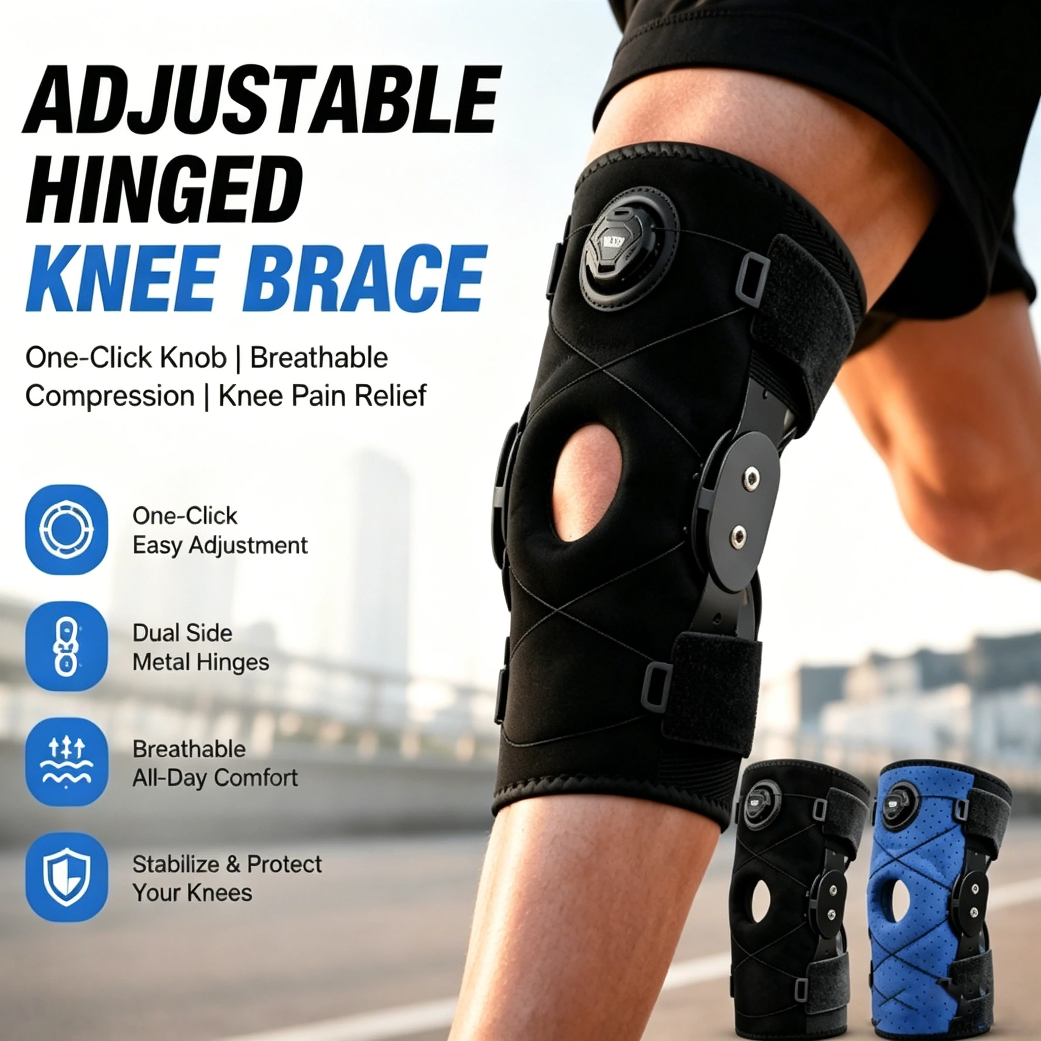 Adjustable Hinged Knee Brace with One-Click Knob Breathable Compression Knee Support for Running Gym Basketball Knee Pain Relief