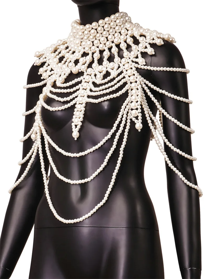 2024 body chain Chinese Pearl body chain dress accessory Wedding shawl exaggerated handmade multi-layer necklace for women