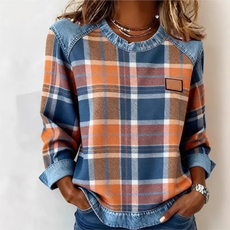 Women's Loose Fit round Neck Sweatshirt Patchwork Denim Grid Pattern Long Sleeve Comfortable Soft Polyester Cotton Blend T-Shirt