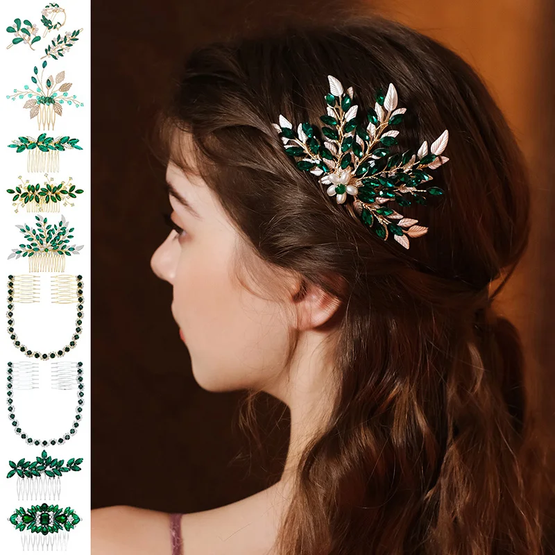 Polymérisation ily Vitnage-Peigne à cheveux en perles de cristal vert, accessoires pour cheveux de mariage, pièce de sauna en biscuits, bijoux pour patients, cadeau de la fête des Léons