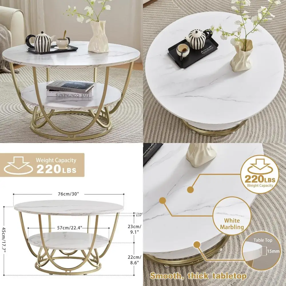 Mesa de centro de salón moderna de 30 pulgadas con almacenamiento, tapa de madera y estampado de mármol blanco