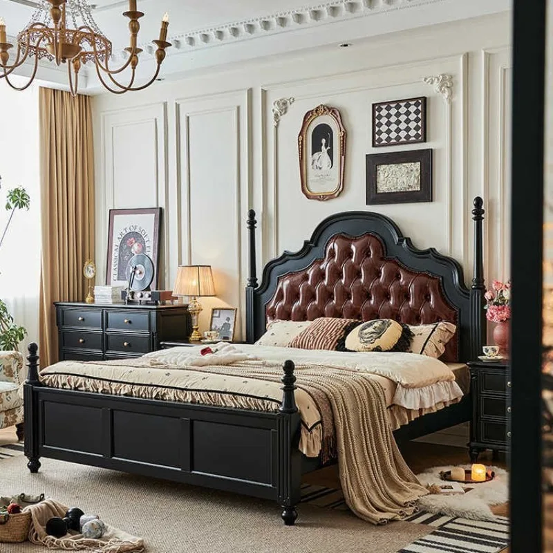 French Black High-End Bed Nordic Retro Solid Wood Genuine Leather Upholstered Double Bed Bedroom Furniture Songkaum Colchon FYBB