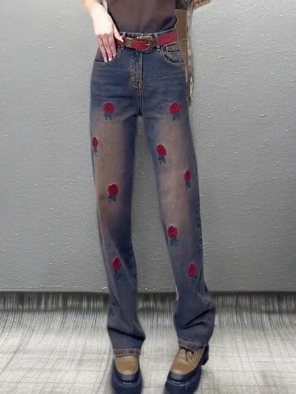 

Spring Autumn New Style Embroidered Flower High Waist Wide Leg Jeans Women's Street Style Slimming Denim Pants Casual Loose Fit