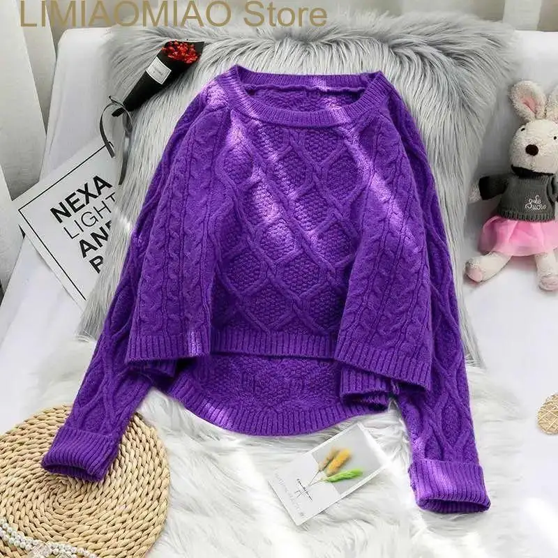 New autumn winter front short back long knitted sweater ribbed twisted rope top short pullover solid loose sweater women