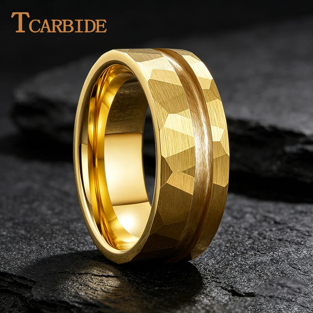 6/8mm Hammered Offset Groove Tungsten Blanks, Off-Center Inlay Channel Tungsten Carbide Ring Blanks for Jewelry Embedding