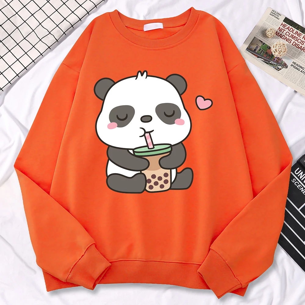 Simple Casual Womens Sweatshirts Pandas Love Drinking Pearl Milk Tea Print Hoodies Warm Fleece Pullovers Crewneck Soft Clothes