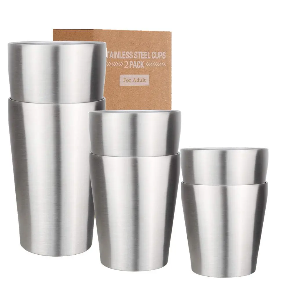 16oz 10oz 6oz Coffee Mugs Set of 2 Stainless Steel Cups Stackable Double WallI Metal Drinking Glasses Water Cup for Home Camping