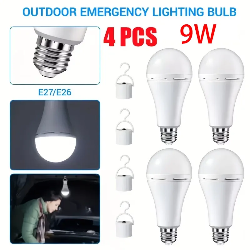 1-4PCS 9W Portable Rechargeable LED Emergency Bulb 6500K White Light E27/E26 Base for Home Camping Outdoors Emergencies