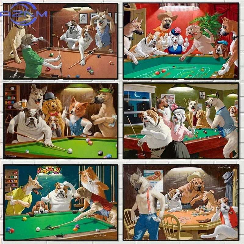 Funny Animals Party Dog Playing Billiards Poker Posters and Prints Canvas Painting Wall Art Pictures for Living Room Home Dec
