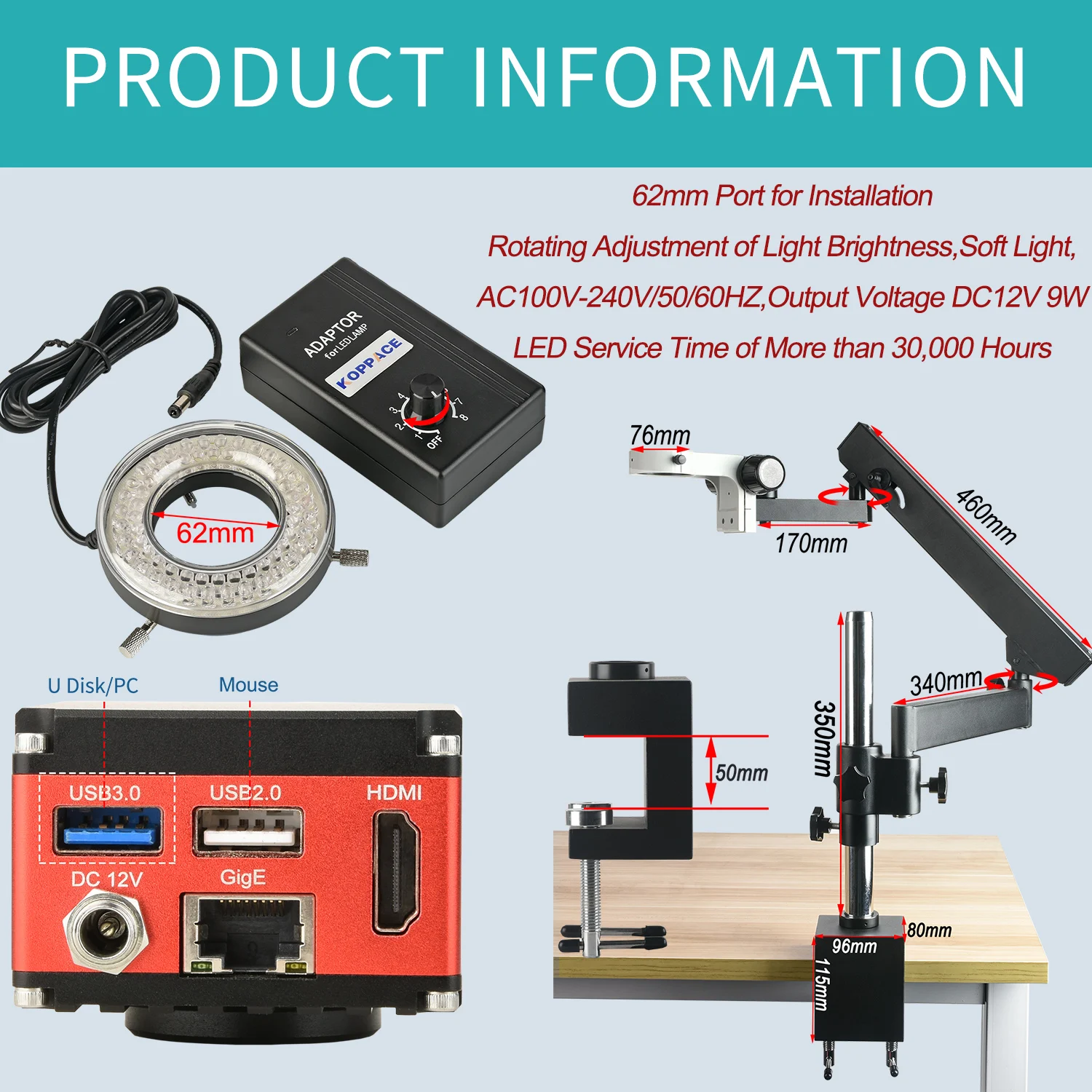 KOPPACE 27X-174X Trinocular Stereo Measurement Microscope 4K HD Camera Universal Adjustment Bracket