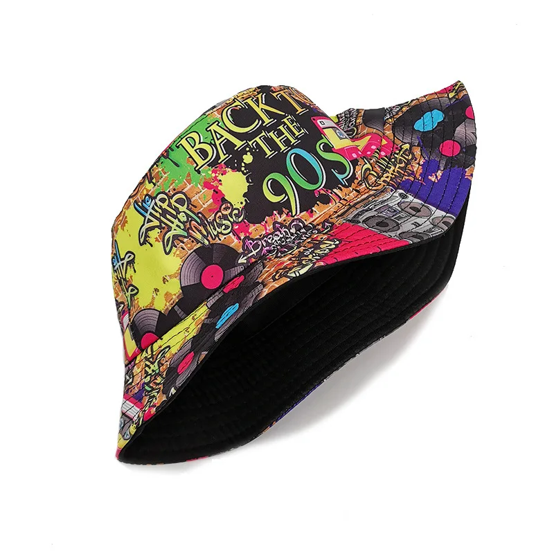 Europe and America Retro Nostalgic 90s Tape Pattern Bucket Hat Female Double Sided Spring and Summer Outdoor Sunscreen Sun Hat