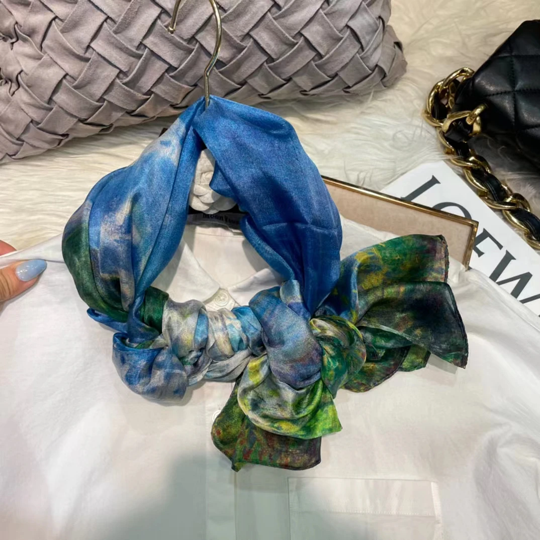 Fashion Blue Silk Scarf Shawl Printed Luxury Women 100% Pure Silk Long Scarves Elegant Floral Silk Neck Scarf Cape 180*110cm