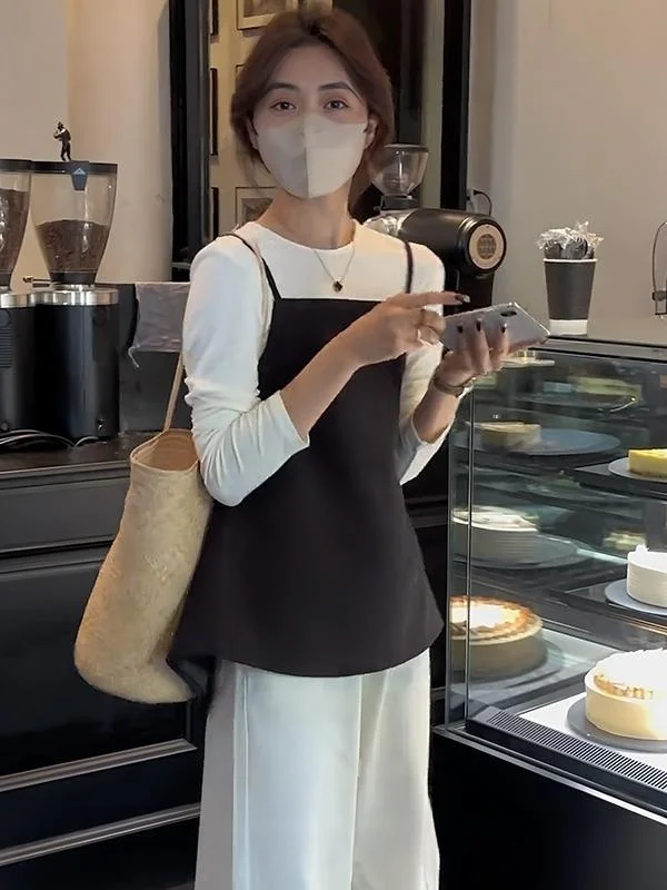 

Korean Style High-End Feeling Women's Base Shirt Strap Outerwear Two-Piece Set Spring Summer New Arrival Complete Set