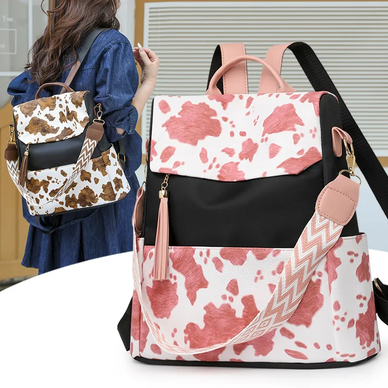 PU leather spliced contrasting color women's backpack, simple bow, large-capacity multi-purpose single-shoulder bag