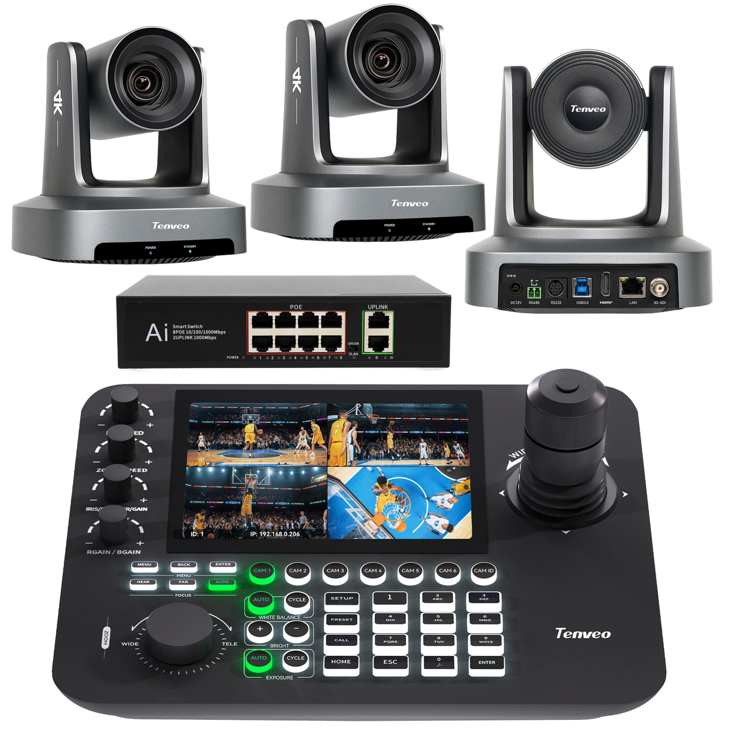 

Комплект из 3-х 4K AI-камер с автотрекингом и 20-кратным зумом, PTZ-камера для конференций с контроллером KB300PRO и 7-дюймовым ЖК-экраном