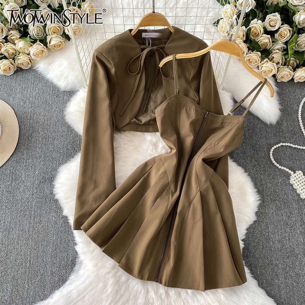 

TWOTWINSTYLE Casual Solid Slimming Two Piece Sets For Women V Neck Long Sleeve Top Sleeveless Dress Chic Set Female KSE546796