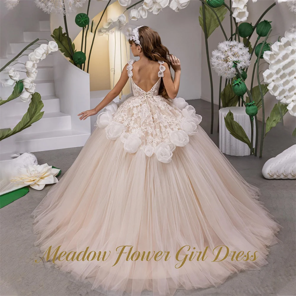 Meadow Light Nude First Communion Gown Square Neck Spaghetti Straps Girls Princess Dress Open Back Evening Party Dress for Girls