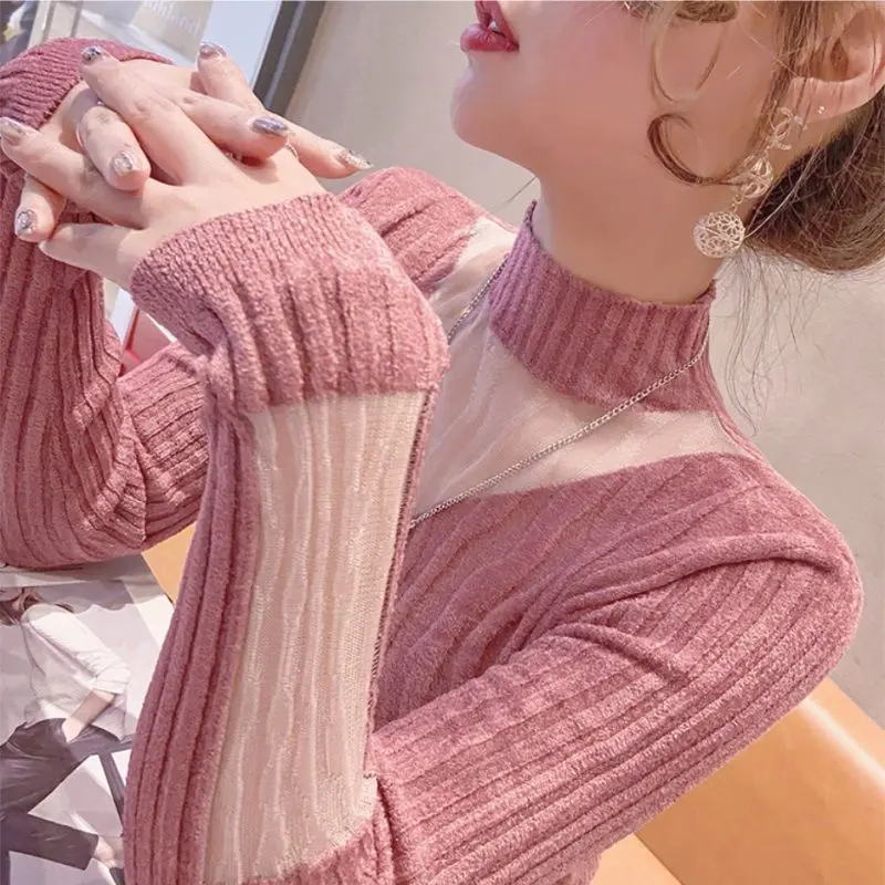 2023 Autumn/Winter New Lace Half High Neck Long Sleeve Underlay Solid Color Comfortable Leisure Office Lady Slim Knit Top