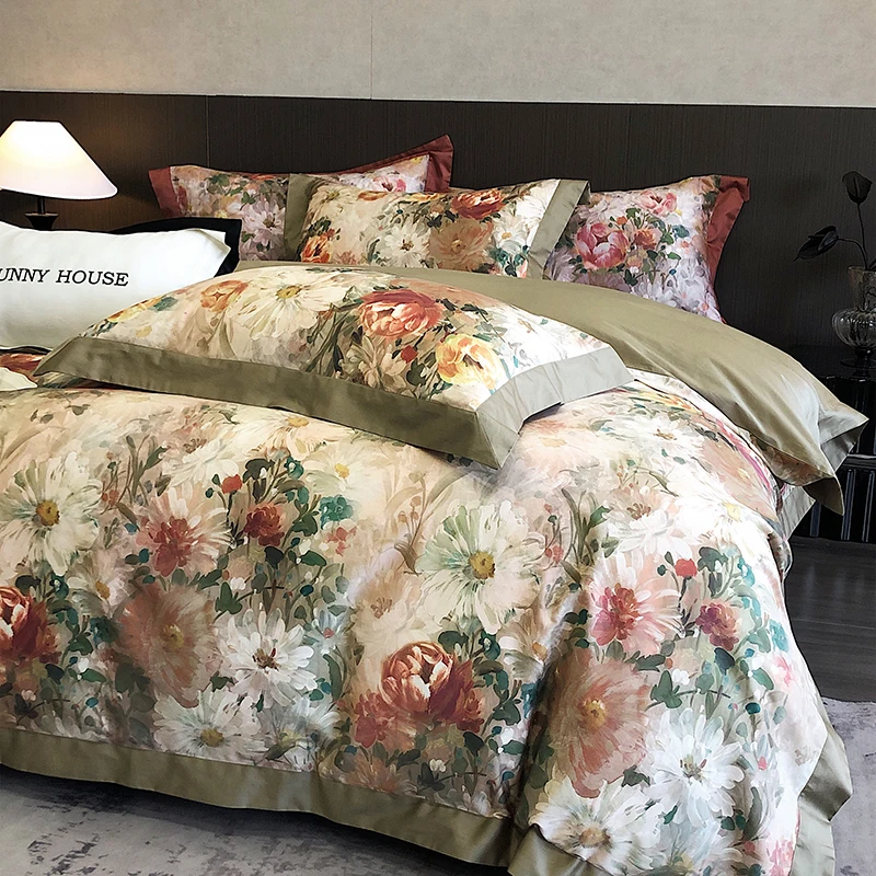 1000TC Egyptian Cotton Vintage Oil Painting Style Flowers Print Bedding Set Duvet Cover Flat/Fitted Bed Sheet Pillowcase 4Pcs