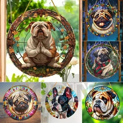 Pet Pug & Bulldog Suncatcher, Acrylic Round Translucent Hanging Ornament Panel,Gift for Dogs Lover,House Yard Garden Farm Decor