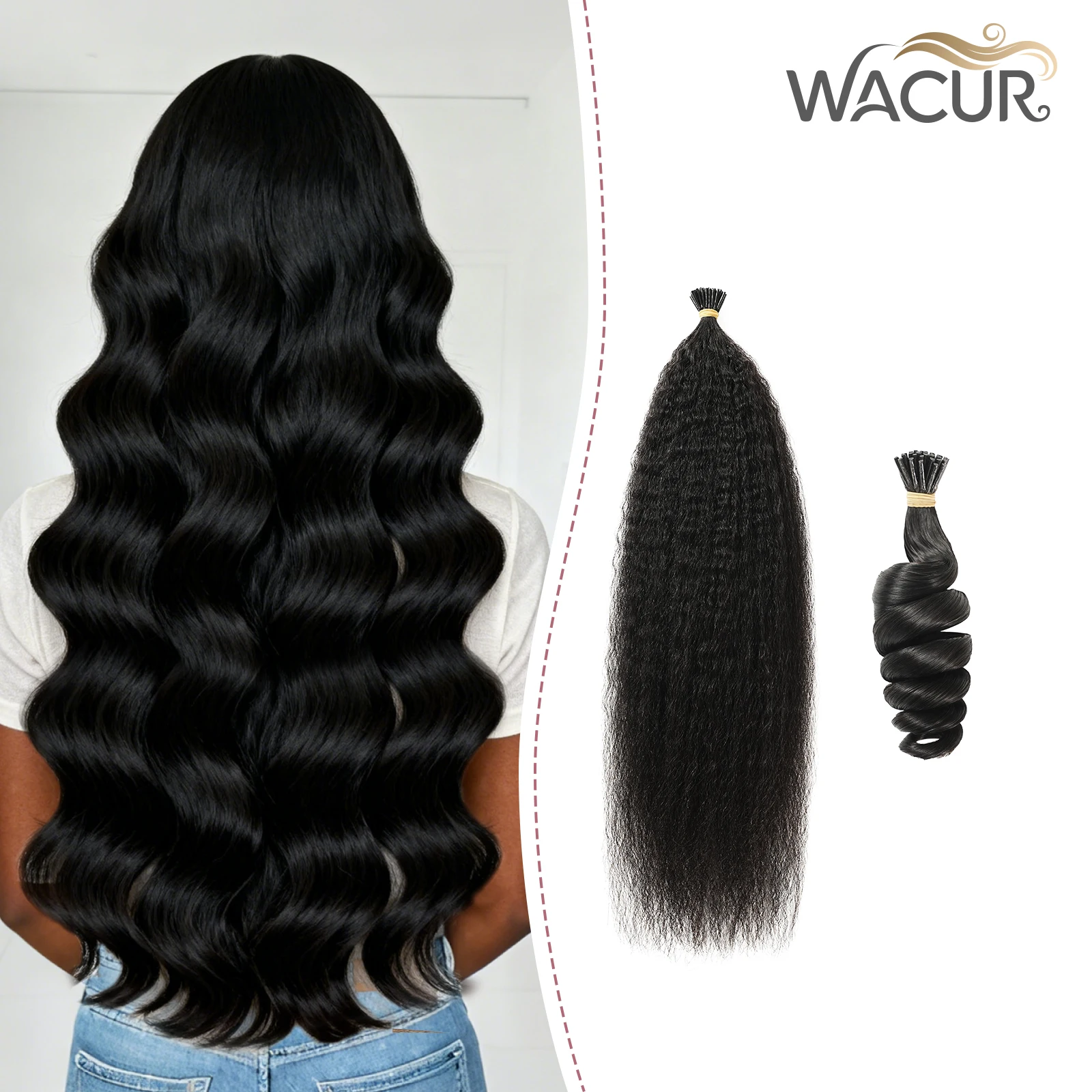 

Wacur 12A Kinky Straight I Tip Hair Extensions Human Hair Loose Wave 100% Natural Virgin Hair ITip Seamless Invisible For Women