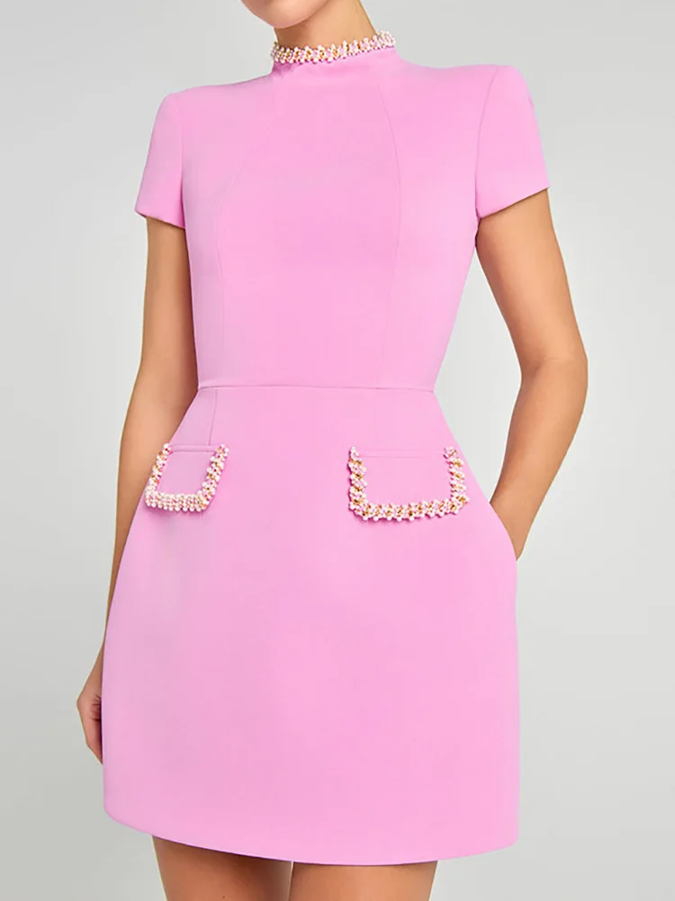 

Women Elegant Solid Beading Party Dress, Summer Holiday Short Sleeve Chic Mini Dress, 2025 Round Neck Zipper Ladies Office Dress