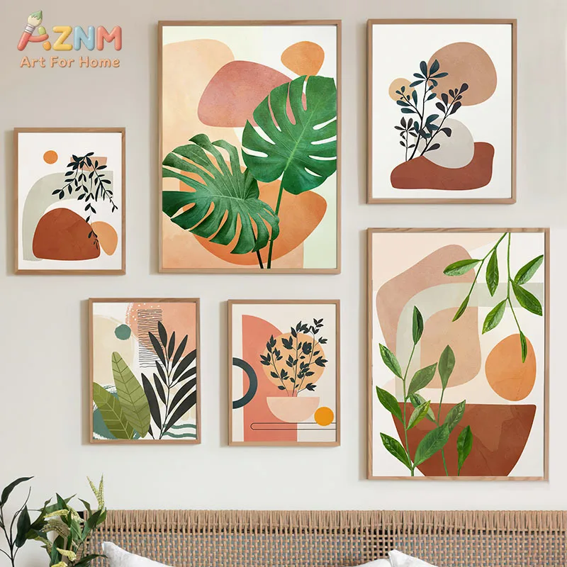 AZNM Boho Abstract Plant Canvas Print Tropical Monstera Leaf Terracotta Geometric Shape Neutral Minimalist Unframed Wall Poster