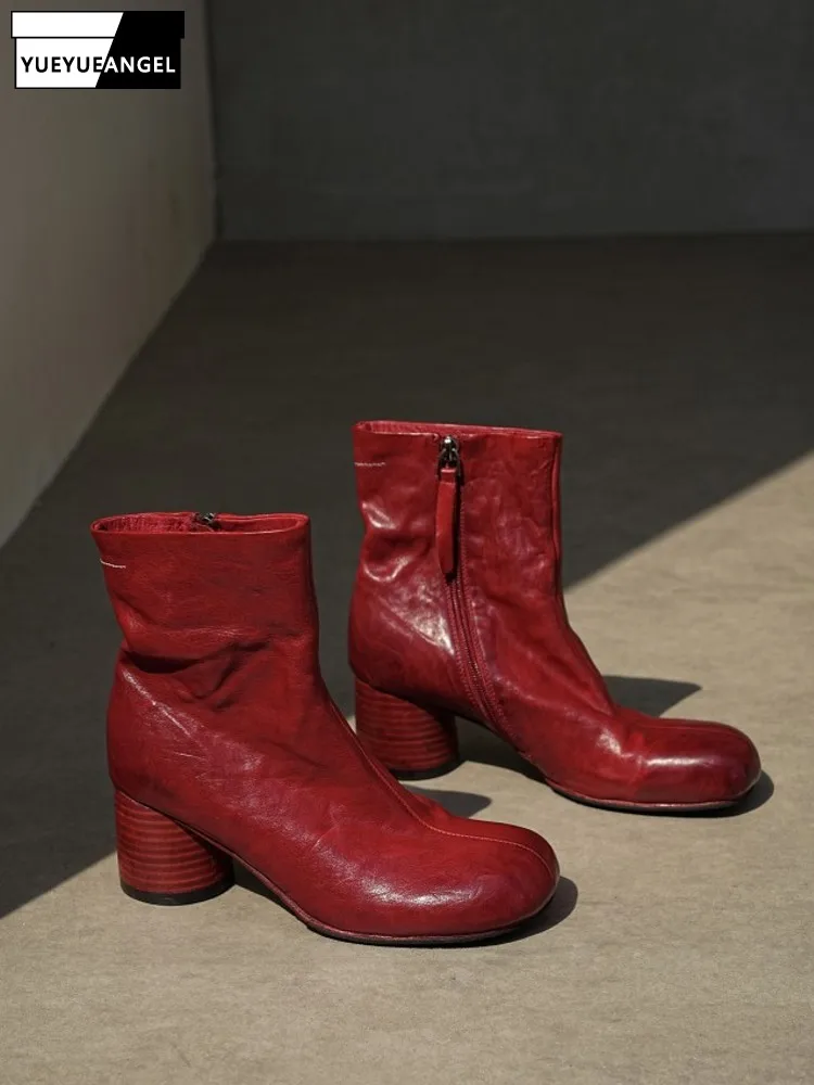 Work Ladies High Quality Horsehide Ankle Length Boots Retro Female High Heels Block Heel Footwear Genuine Leather High Top Shoes