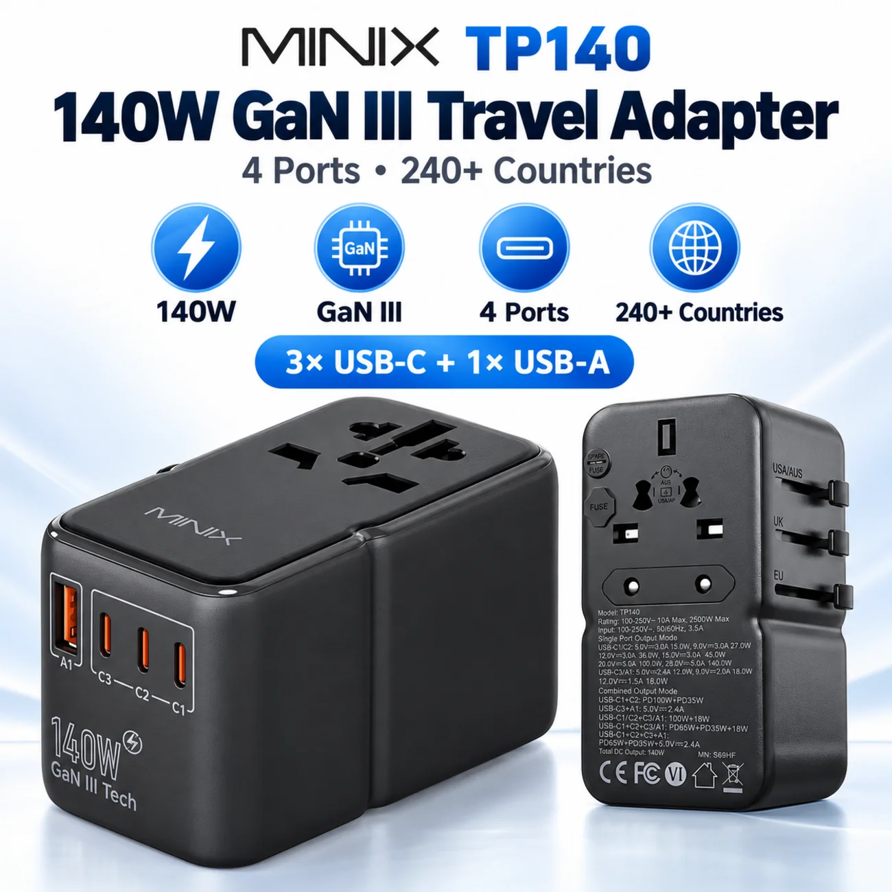 Universal Travel Adapter with 140W PD Ports GaN Technology International AC Socket with 1 USB-A and 3 USB-C Port