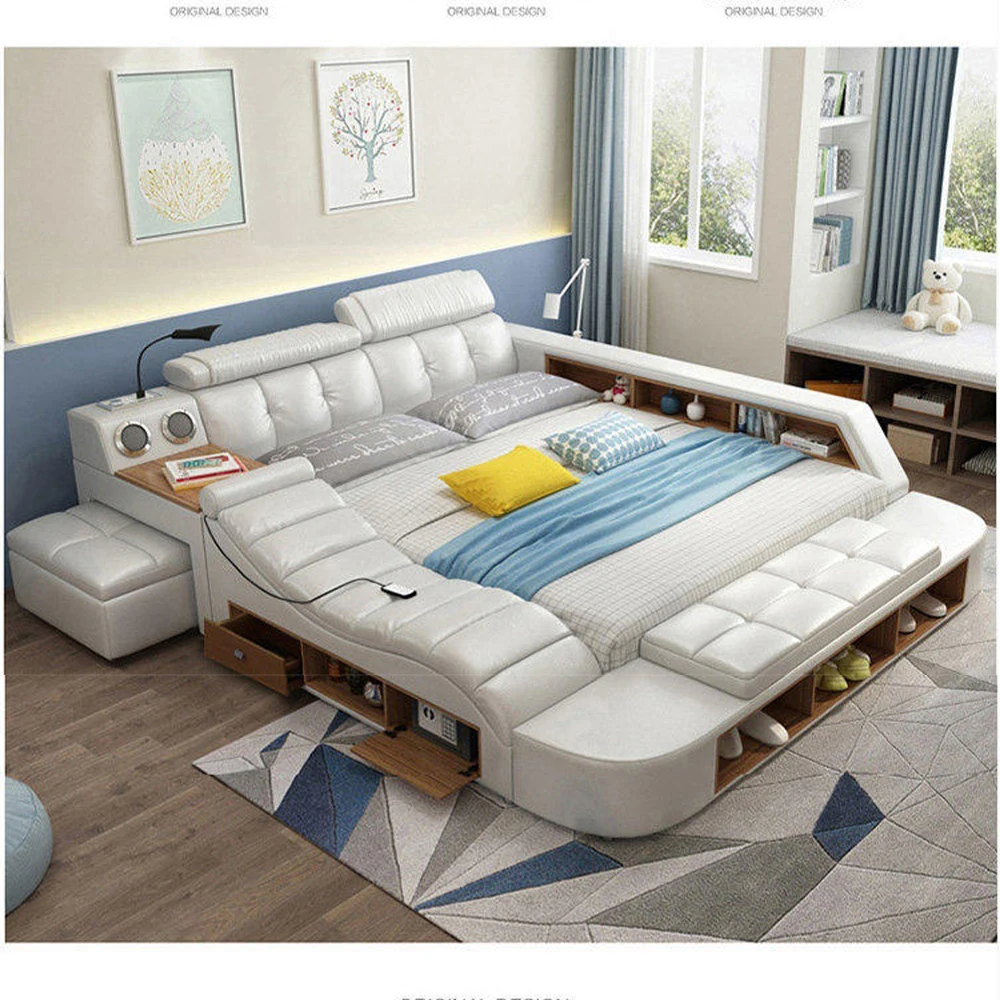 #MINGDIBAO  All In One Bed, Luxury Multifunctional Genuine Leather Bed Frame with Tatami, Tech Smart Ultimate Lit 2 Personnes