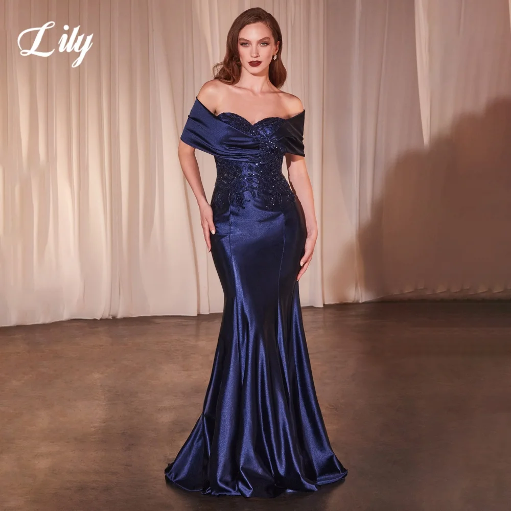 

Lily Navy Blue Elegant Prom Dress Sweetheart Off the Shoulder Prom Gown Satin Beads Backless Mermaid Evening Dresses Customized