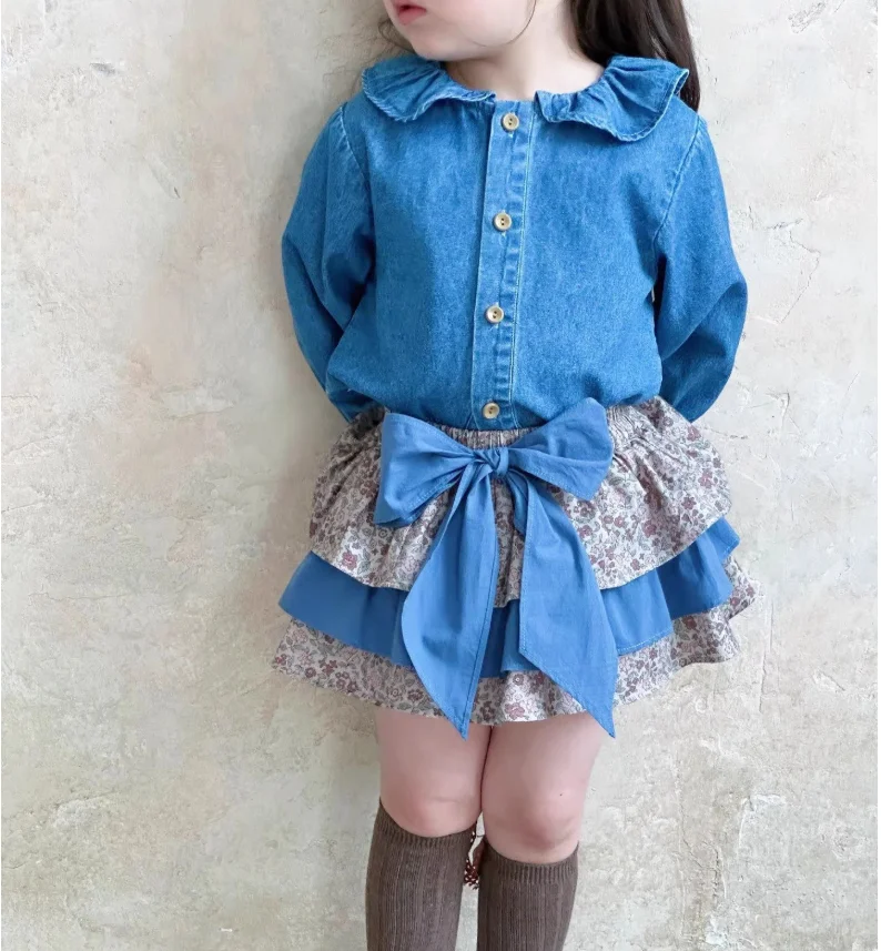 

New Baby Girls Cute Jean Sets, Blouse + Bow Skirts Princess Fashion Suits 2-7 T