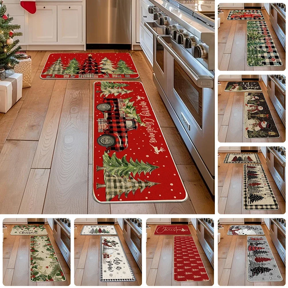 

40x60cm+40x120cm Christmas Kitchen Floor Mat Balcony Bathroom Non-slip Absorbent Floor Mats Long Santa Carpet Room Home Decor